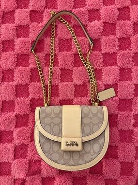 Coach Beige Signature Saddle Crossbody with Gold Chain
